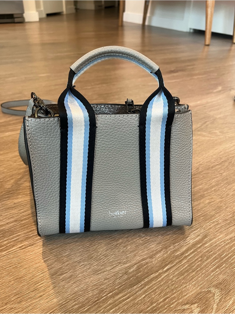 Botkier Gray Pebbled Leather Satchel with Blue-Striped Strap